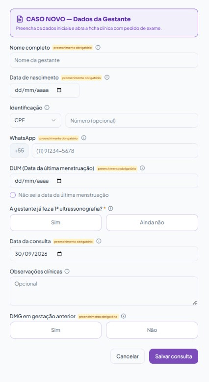 Tela de caso novo da MARI com os dados da gestante: nome, nascimento, WhatsApp, data da última menstruação e ultrassonografia