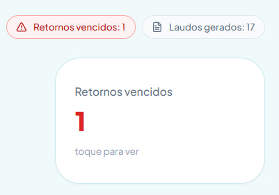 Aviso de retornos vencidos no dashboard da MARI: 1 retorno vencido, com toque para ver