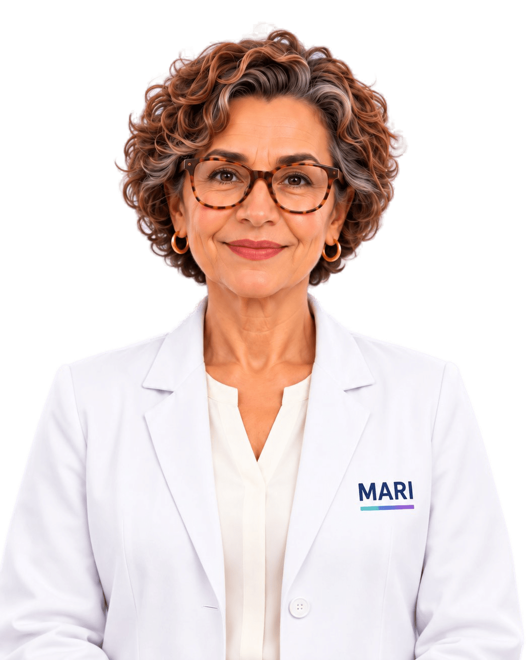 MARI, a personagem da plataforma, de jaleco com o nome MARI bordado, sorrindo