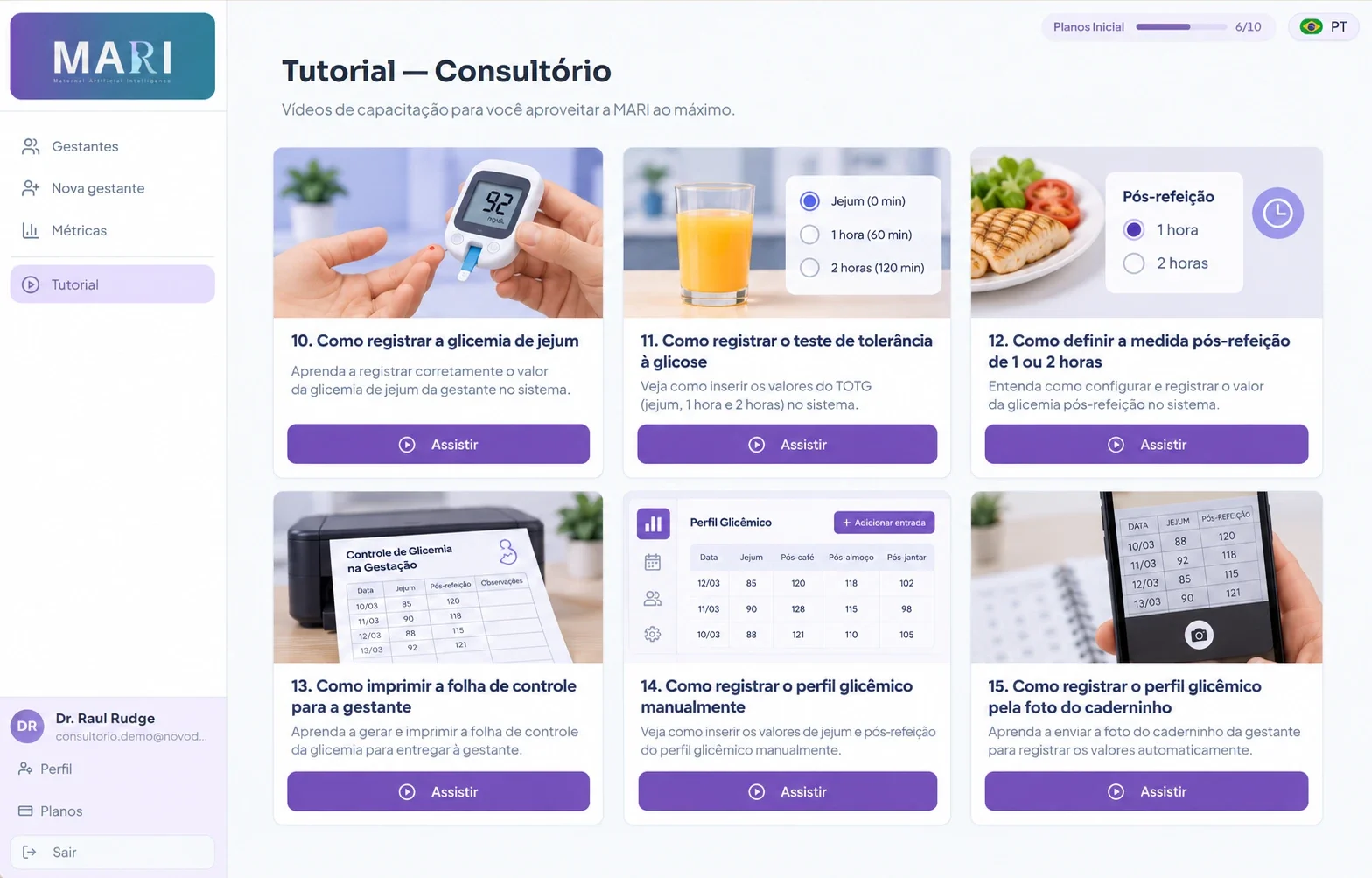 Área de tutoriais da MARI com vídeos de capacitação: glicemia de jejum, teste de tolerância à glicose, medida pós-refeição, folha de controle, perfil glicêmico manual e pela foto do caderninho